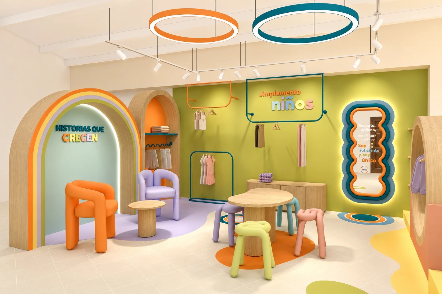 Showroom de Pamodiz con arco Historias que crecen, muro Simplemente niños y mesa de juego